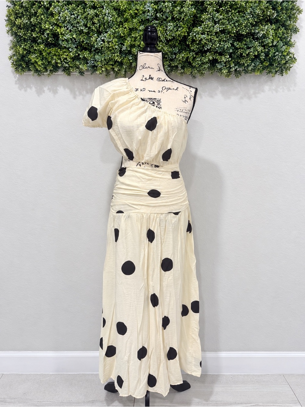 Future Collective Cream Black Polka Dot One Shoulder Maxi Dress Size 2